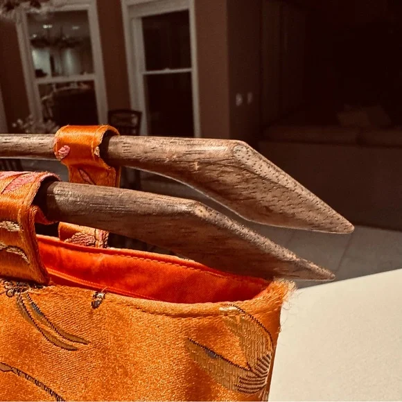 Vintage Dragonfly Silk Bag Wood Handle Artisanal Boho Asian Statement - Picture 7 of 11